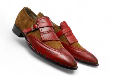 Crafted Leather Classic Red Brown Suede Leather Fringes Monk Strap Dress Shoes