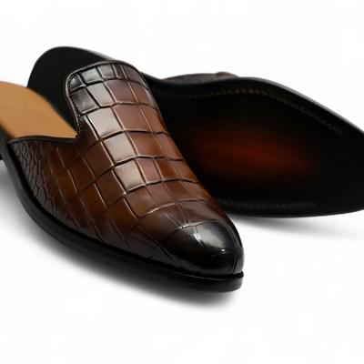 Crafted leather classic brown crocodile/alligator leather mules dress shoes