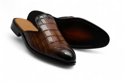 Crafted Leather Classic Brown Crocodile/Alligator Leather Mules Dress Shoes