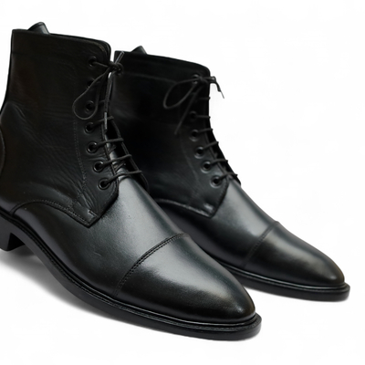 Crafted leather classic men black leather ankle high lace up boot