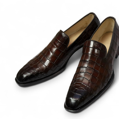 Crafted leather men classic brown crocodile leather moccasin loafers slip on formal shoes