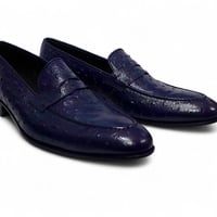 Crafted Leather Handmade Men Blue Ostrich Loafers Dress Shoes  - Thumbnail 1
