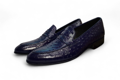 Crafted Leather Handmade Men Blue Ostrich Loafers Dress Shoes 
