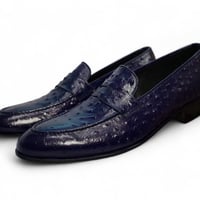 Crafted Leather Handmade Men Blue Ostrich Loafers Dress Shoes  - Thumbnail 2