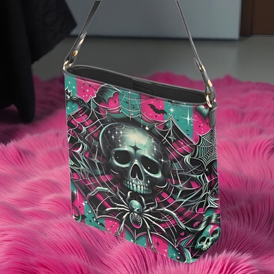 Gothic skull spider web pink roses teal glow leather bucket bag | free ship. jtprt