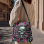 Gothic Skull Spider Web Pink Roses Teal Glow Leather Bucket Bag | Free Ship. JTPRT-2