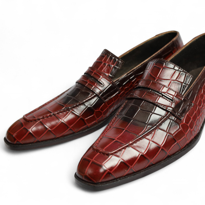 Crafted leather handmade men burgundy black crocodile leather moccasin loafers dress shoes