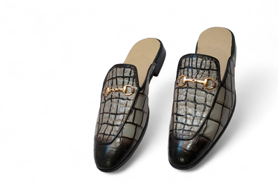 Crafted Leather Handmade Classic Gray Crocodile/Alligator Leather Mules, Men Leather Dress Slippers Shoes