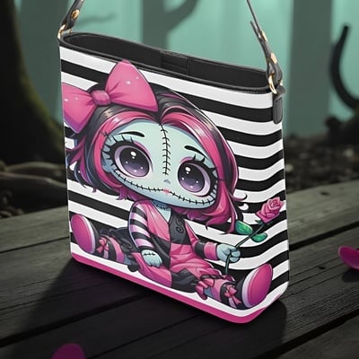 Kawaii pastel goth doll pink stripes leather bucket bag | free ship. jtprt
