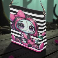 Kawaii Pastel Goth Doll Pink Stripes Leather Bucket Bag | Free Ship. JTPRT - Thumbnail 3