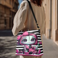 Kawaii Pastel Goth Doll Pink Stripes Leather Bucket Bag | Free Ship. JTPRT - Thumbnail 4