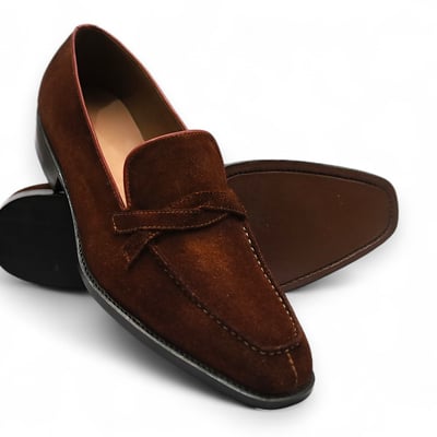 Crafted leather men genuine brown suede leather moccasin loafers dress shoes - Thumbnail 1