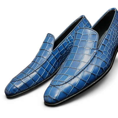 Crafted leather handmade men blue crocodile/alligator leather dress shoes