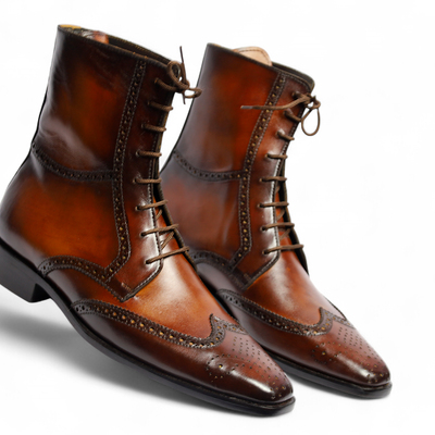 Crafted leather classic men brown leather wingtip ankle high lace up boot