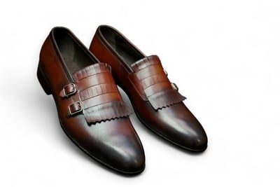 Crafted Leather Handmade Brown Leather Fringes Monk Strap Party Wear Dress Shoes