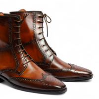 Crafted Leather Classic Men Brown Leather Wingtip Ankle High Lace up Boot - Thumbnail 1