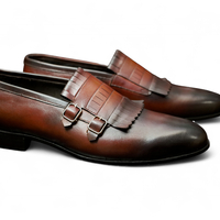 Crafted Leather Handmade Brown Leather Fringes Monk Strap Party Wear Dress Shoes - Thumbnail 1