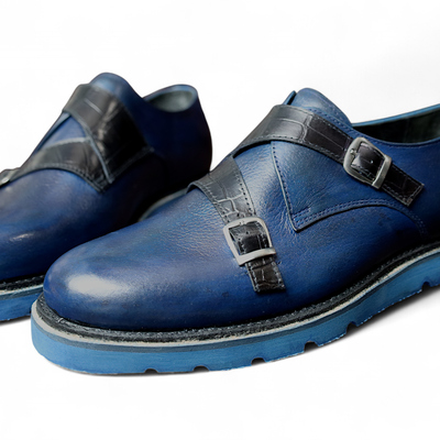 Crafted leather handmade men blue leather monk strap dress shoes - Thumbnail 2