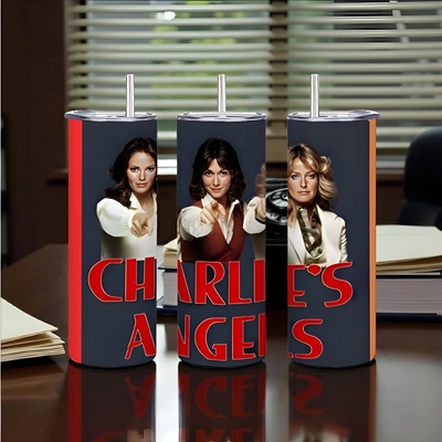 ​charlie's angels tumbler, classic tv show 20oz skinny tumbler, farrah fawcett, kate jackson, jaclyn smith