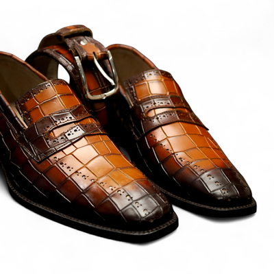 Crafted leather handmade men brown crocodile leather loafers dress shoes with matching belt