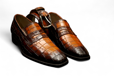 Crafted Leather Handmade Men Brown Crocodile Leather Loafers Dress Shoes with Matching Belt