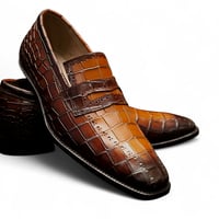 Crafted Leather Handmade Men Brown Crocodile Leather Loafers Dress Shoes with Matching Belt - Thumbnail 1