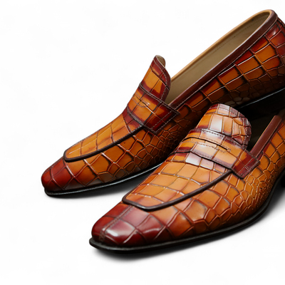 Crafted leather handmade men brown crocodile moccasin dress shoes