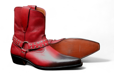 Crafted Leather Handmade Men Cowboy Buckle Ankle Boot in Red Color