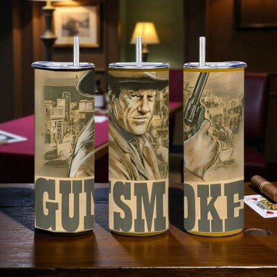Gunsmoke tv show tumbler, marshal matt dillon 20oz skinny tumbler, classic western merchandise, james arness | free ship