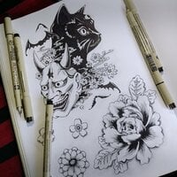 Hannya Mask & Black Cat with Bats and Sakura Japanese Goth Sew-on Patches - Thumbnail 5
