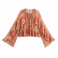 Round neck printed trumpet sleeve ruffled loose top - Thumbnail 1