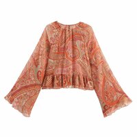 Round neck printed trumpet sleeve ruffled loose top - Thumbnail 2