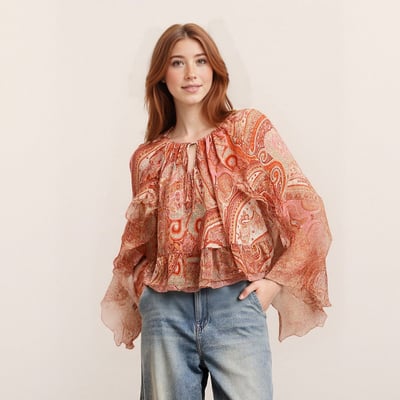 Round neck printed trumpet sleeve ruffled loose top