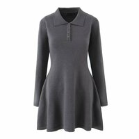Lapel long-sleeved waist dress new POLO neckline half-open short knitted bottoming skirt - Thumbnail 1