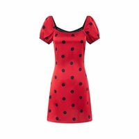 Red puff sleeve square neck dress with slim waist and polka dot short skirt - Thumbnail 1