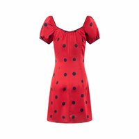 Red puff sleeve square neck dress with slim waist and polka dot short skirt - Thumbnail 2
