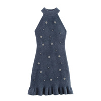 Beaded faux fur-effect halterneck knitted dress - Thumbnail 1