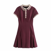 College style slim fit short-sleeved color-blocked thread dress - Thumbnail 1