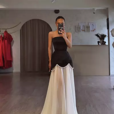 Elegant black white prom dress satin strapless evening dresses sheath formal gowns for women dresses 