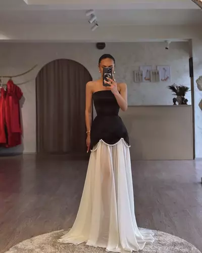 Elegant Black White Prom Dress Satin Strapless Evening Dresses Sheath Formal Gowns for Women Dresses 