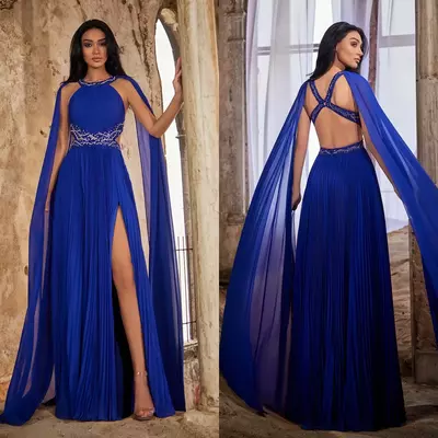 Gorgeous royal blue prom dress with cape halter chiffon evening dresses beaded cross back split formal gowns for women pleated dresses