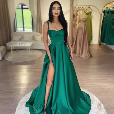 Elegant a line green prom dresses spaghetti evening gowns pleats slit formal long special occasion party dress