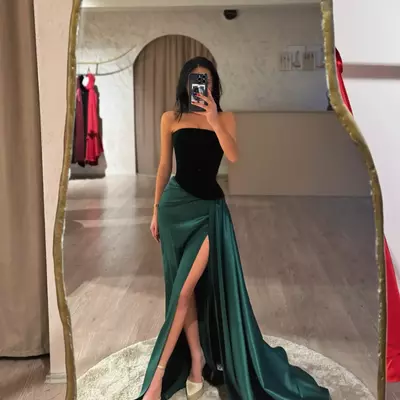 Sexy green prom dresses side slit evening formal birthday party gown