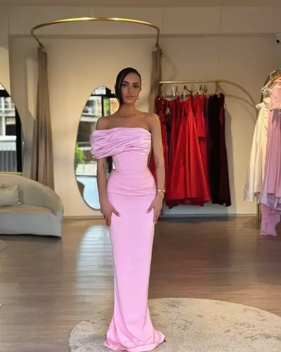 Elegant pink mermaid prom dress satin pleated off shoulder evening dresses backless sheath formal gowns for women dresses