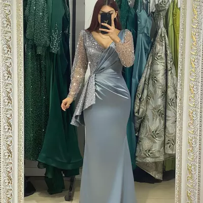 Elegant blue grey mermaid muslim evening dresses long sleeves v neck sequins party prom dress sweep train long dress
