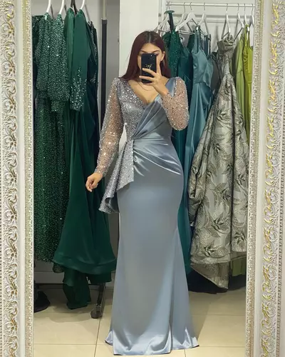 Elegant Blue Grey Mermaid Muslim Evening Dresses Long Sleeves V Neck Sequins Party Prom Dress Sweep Train Long Dress