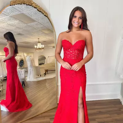 Sexy red mermaid prom dress sweetheart illusion bodice formal evening dresses elegant lace appliques party dresses