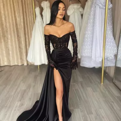 Black prom dresses bone bodice high split lace party dress sweep train dresses for special occasions formal evening gown