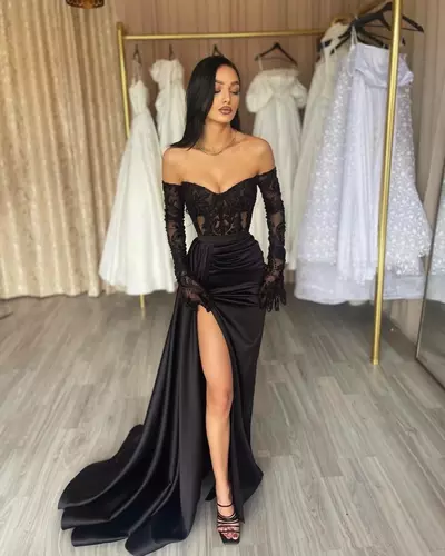 Black prom dresses bone bodice high split lace party dress sweep train dresses for special occasions formal evening gown