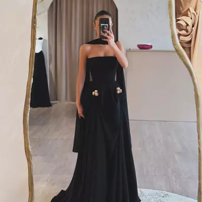 Gorgeous black satin evening dresses with shawl strapless gala dresses for women gold beaded pearls sweep train dresses